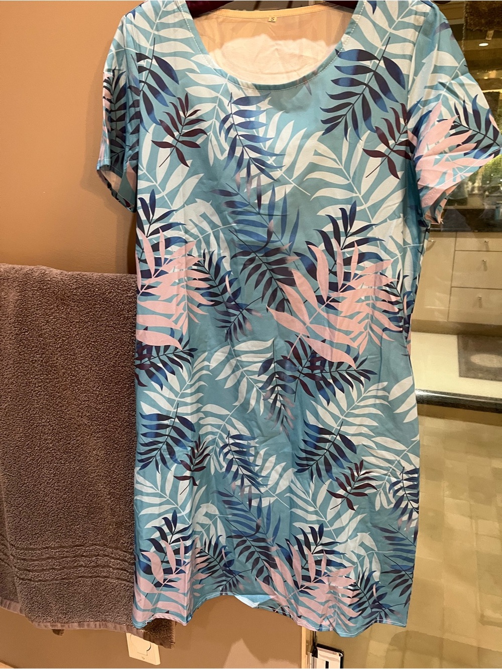Women's Blue Tropical Leaf Short Sleeve Dress